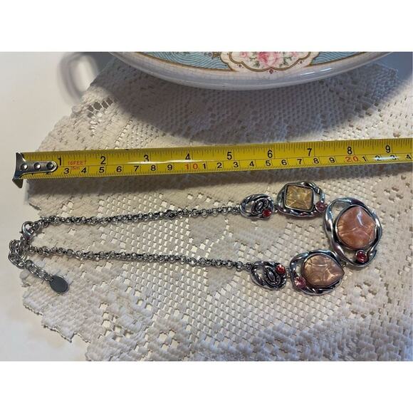 Vintage Silver Multi Colored Gemstones Brutalist Adjustable “H” Maker Mark Neckl - Picture 3 of 11